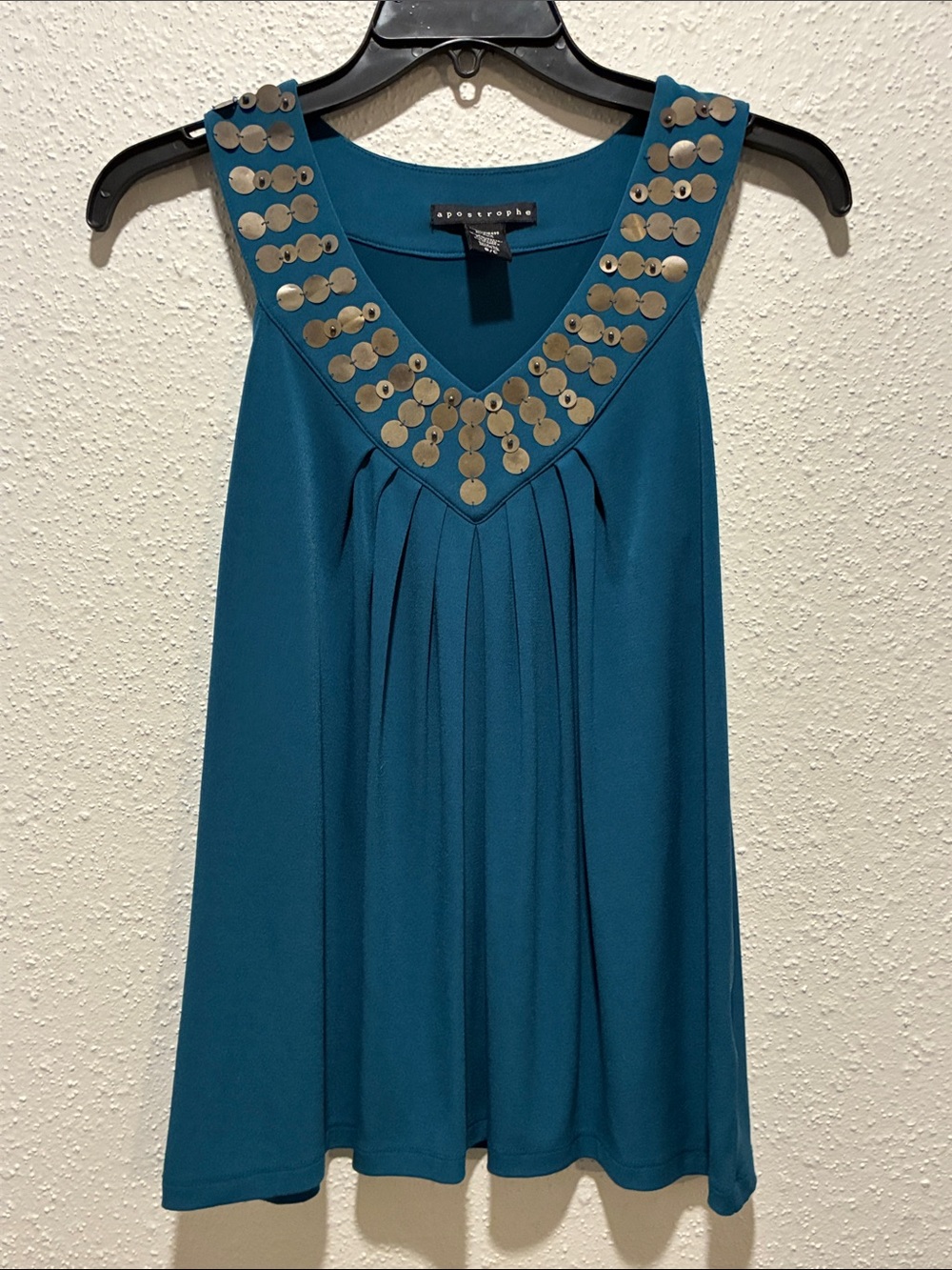 Apostrophe Teal V-Neck Sleeveless Tank with Metallic Coin Trim